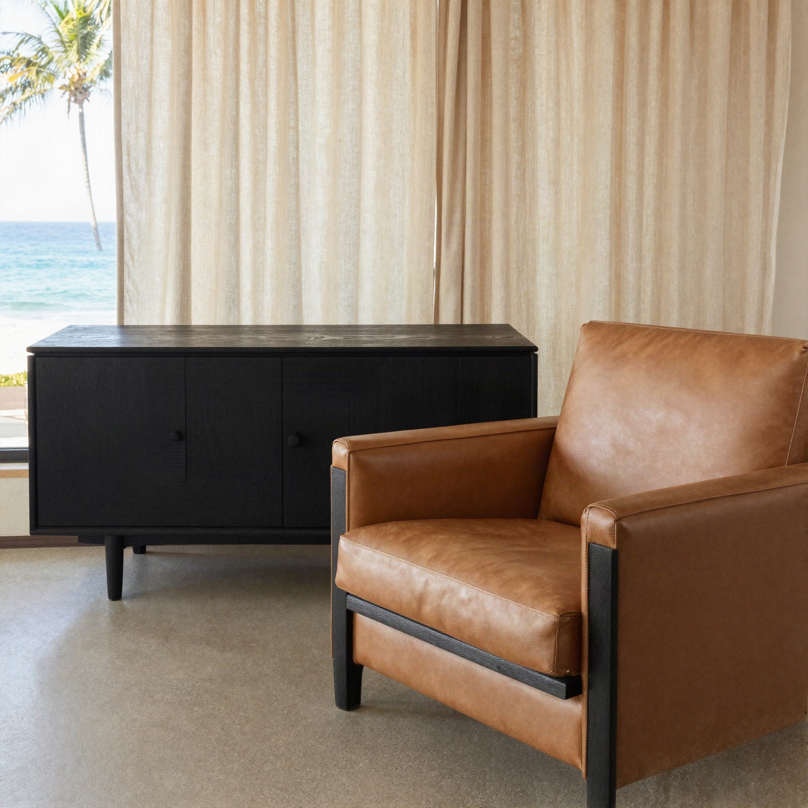 Sunlit coastal living room with timber and leather furniture